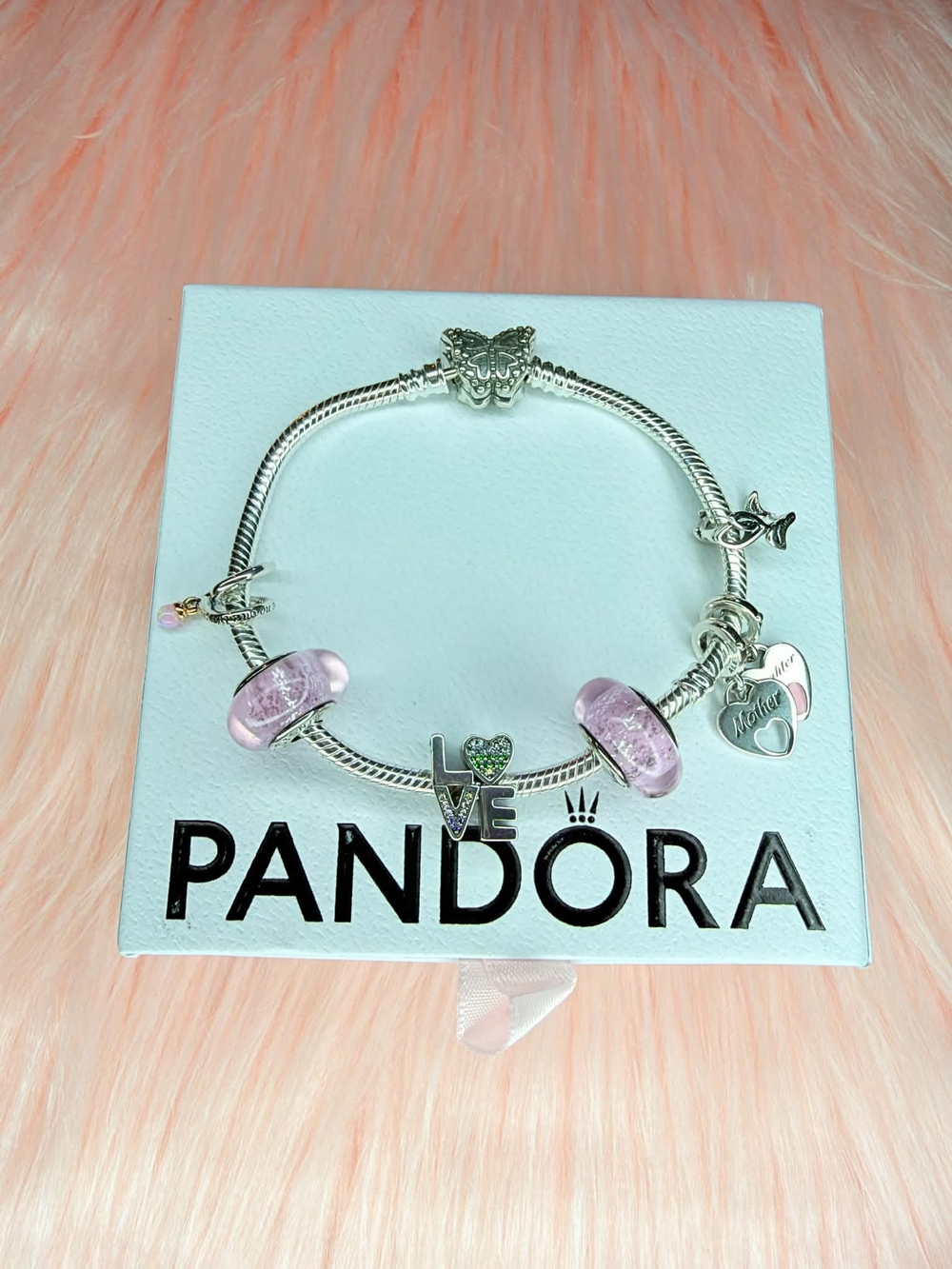 Pandora Silver 'Love' Charm Bracelet with Pink Glass Beads